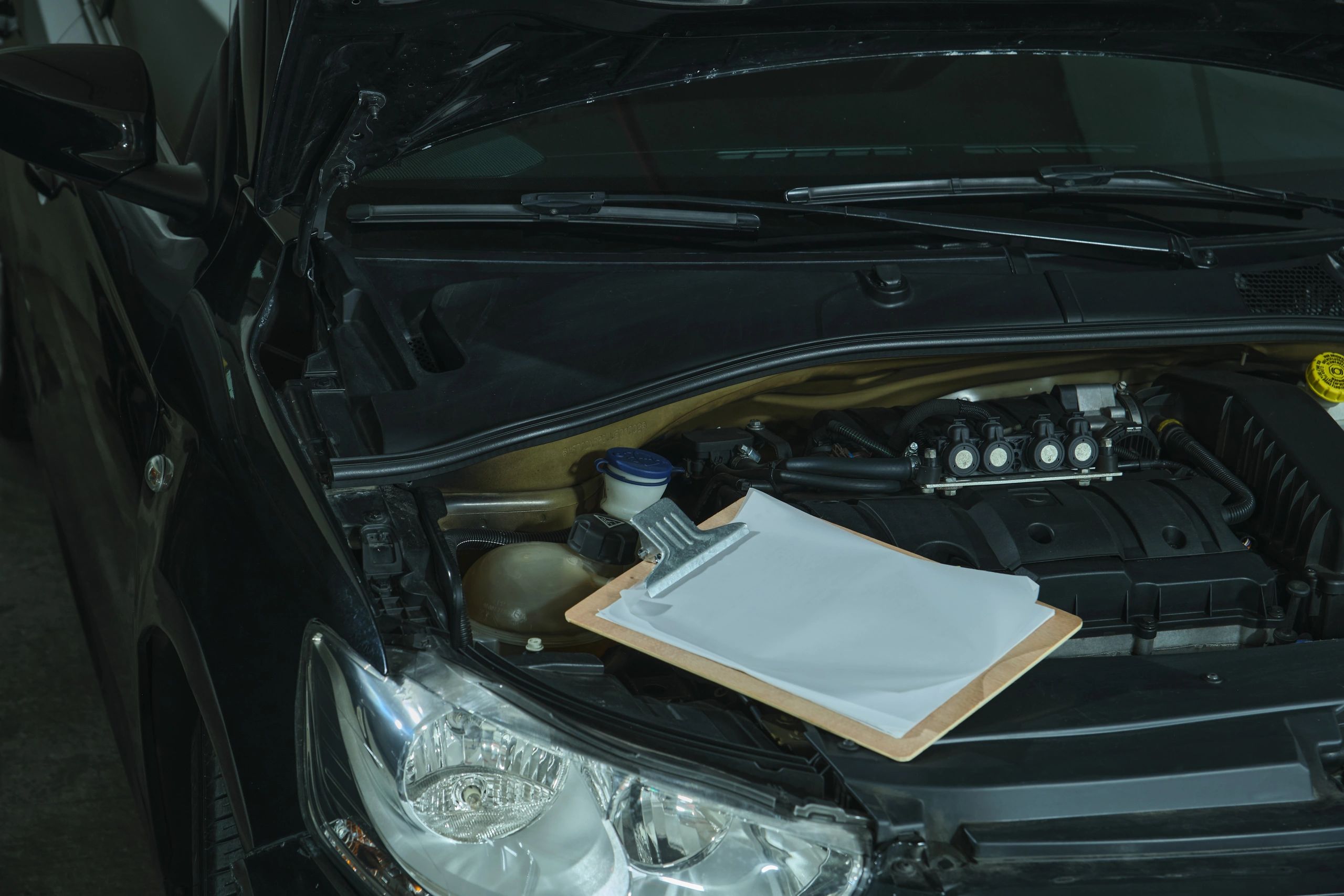 Open hood with clipboard checklist for vehicle inspection